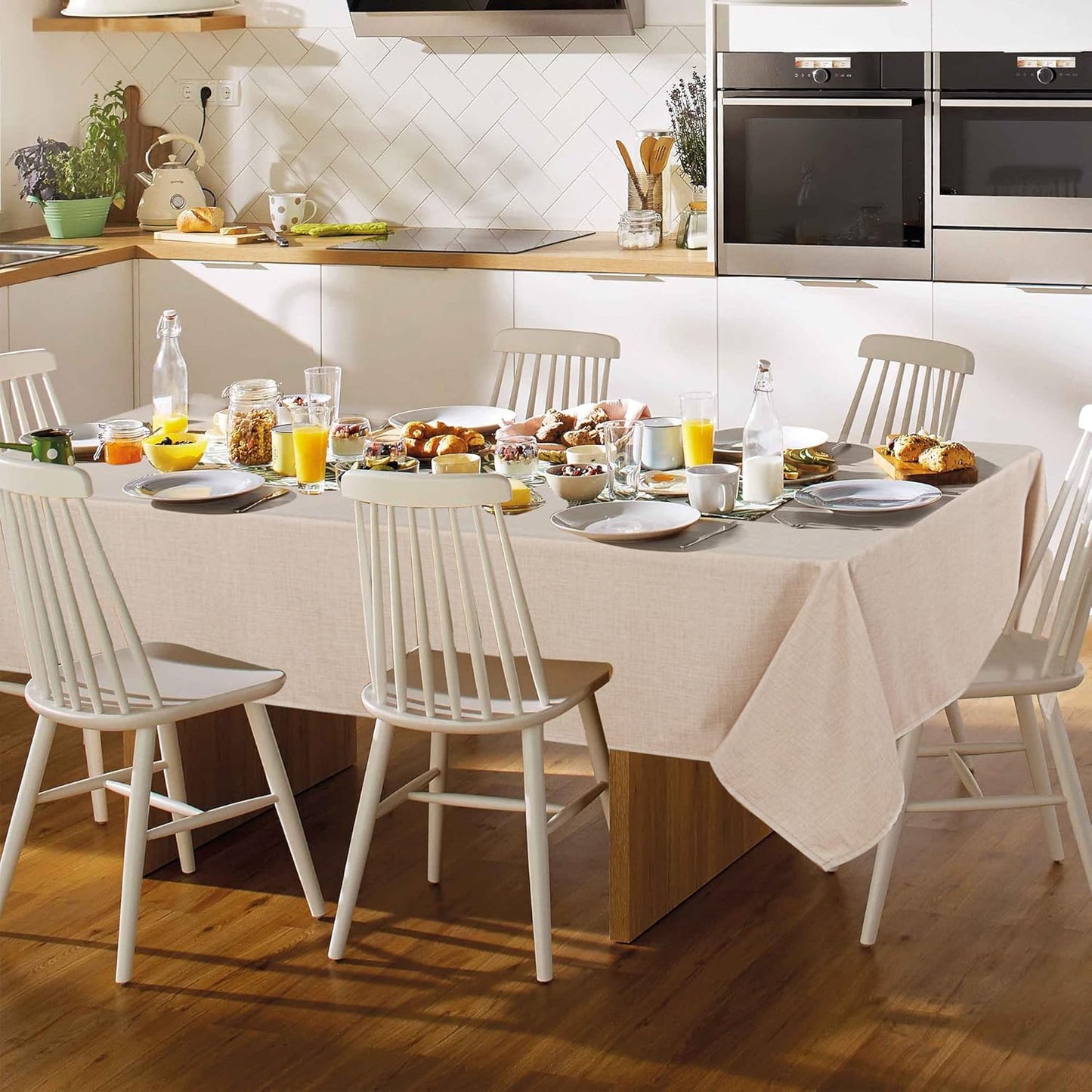 Fitable Linen Textured Tablecloth Washable Fabric Rectangle Table Cloth for 8 Foot Tables, Holiday Table Cover for Kitchen Dining, Party, Farmhouse (Beige, 54 x 108 Inch)