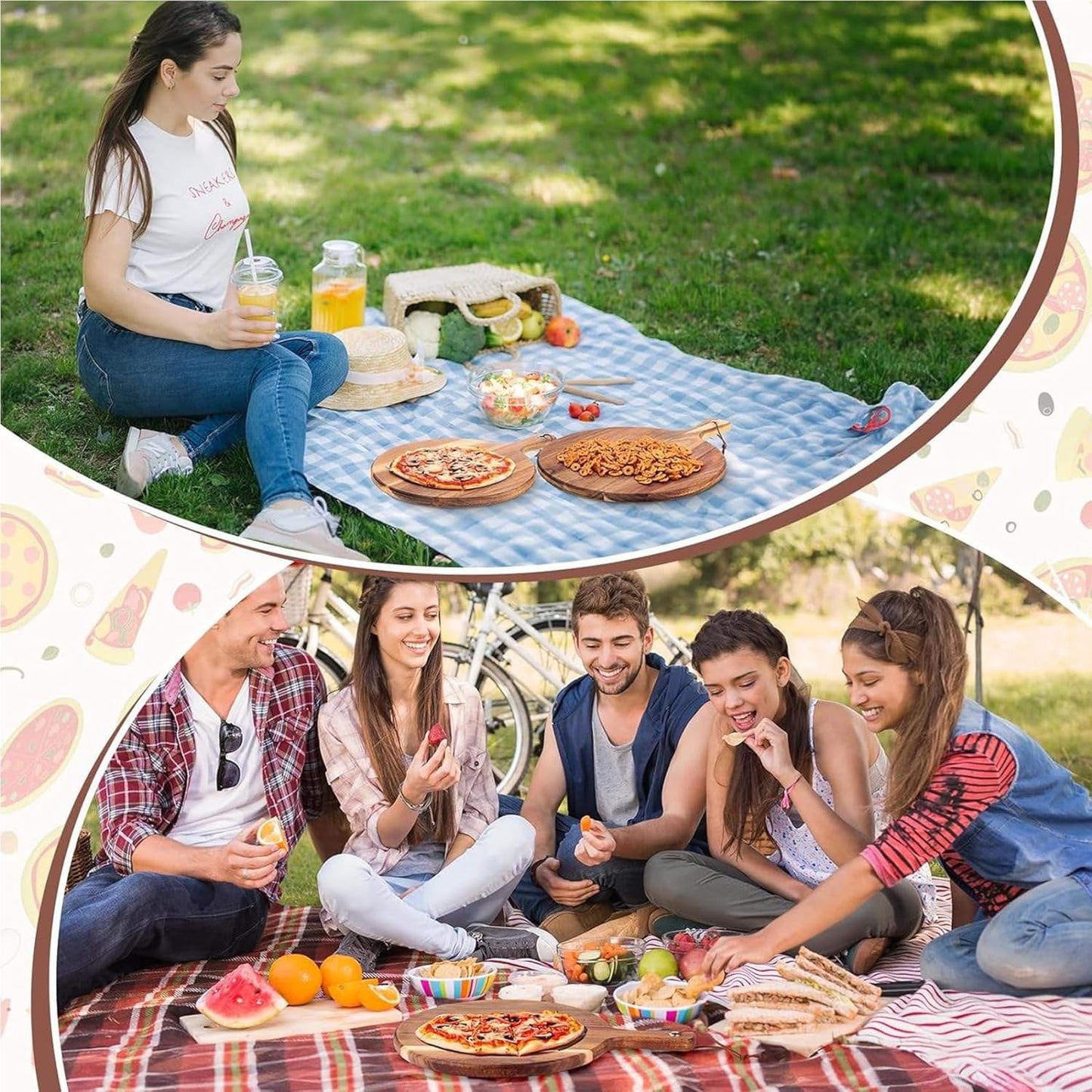 Pizza Boards with Handle 14 inch,Pizza Cutting Board Set of 6,Acacia Wood Pizza Peel 14 inch,Pizza Serving Tray Wood,Wooden Pizza Paddle Round,Small Charcuterie Boards for Cheese,Bread & Meat