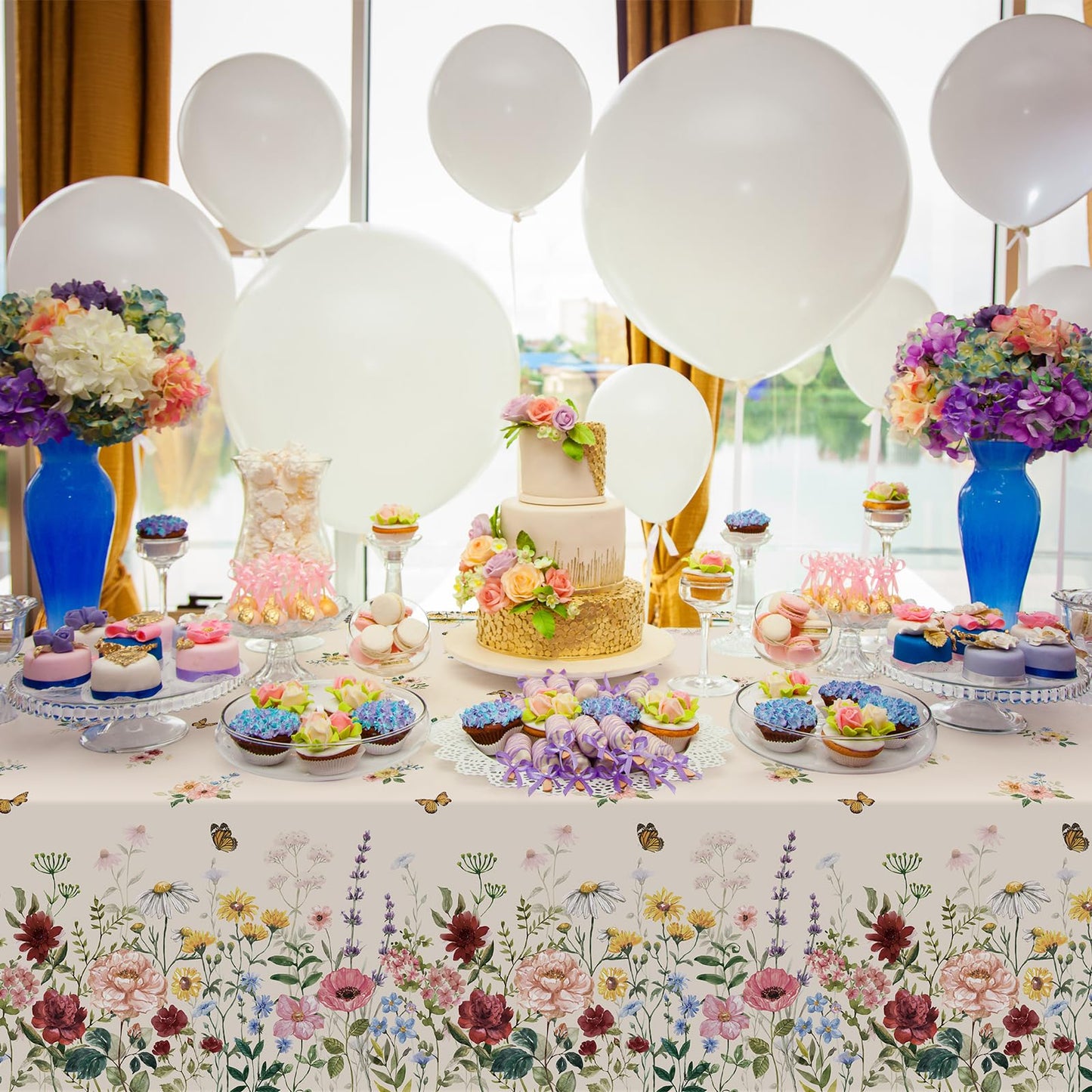 3 Pcs Spring Floral Tablecloth, Butterfly Wildflower Plastic Disposable Tablecloth Rectangle Table