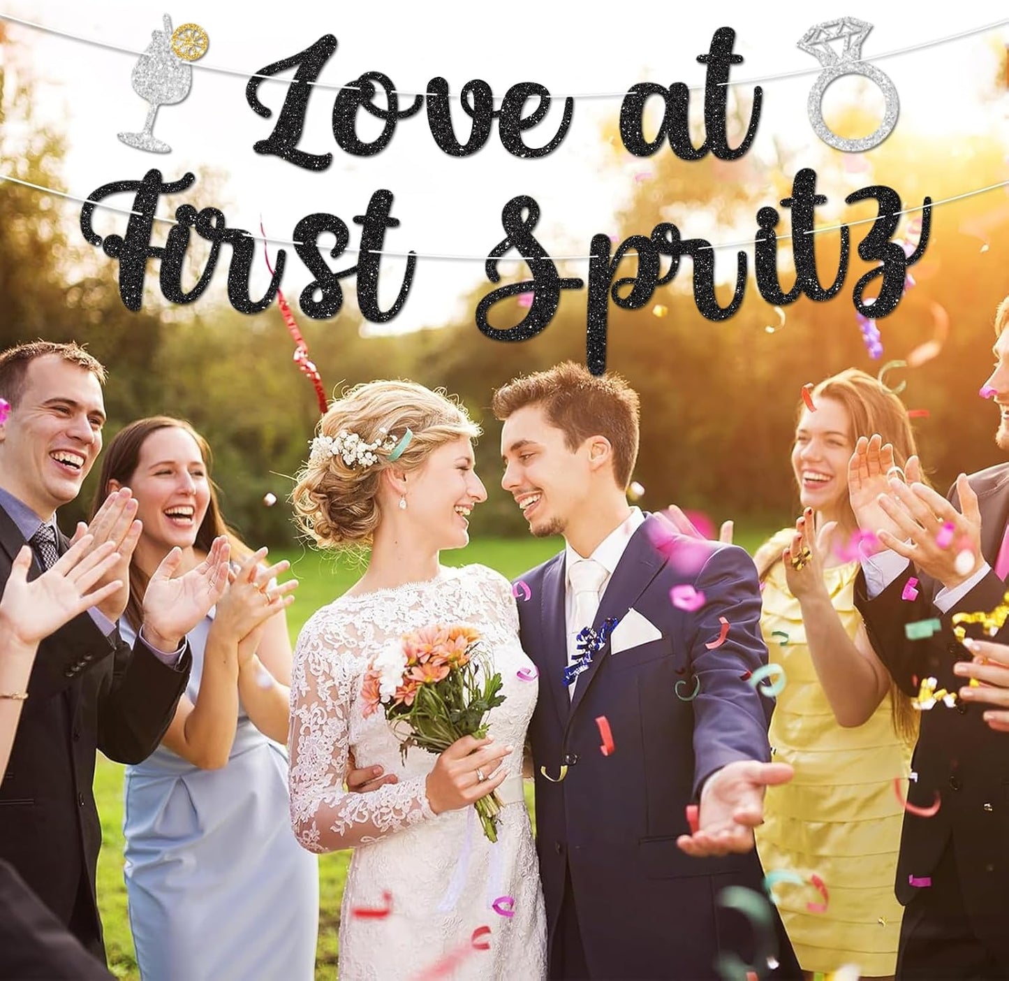 Love At First Spritz Wedding Banner - Bridal Shower Decorations, No Diy, Glitter Just Engaged Spritz Party Banners for Wedding/Engagement/Bachelorette Party Decorations Supplies, Black.
