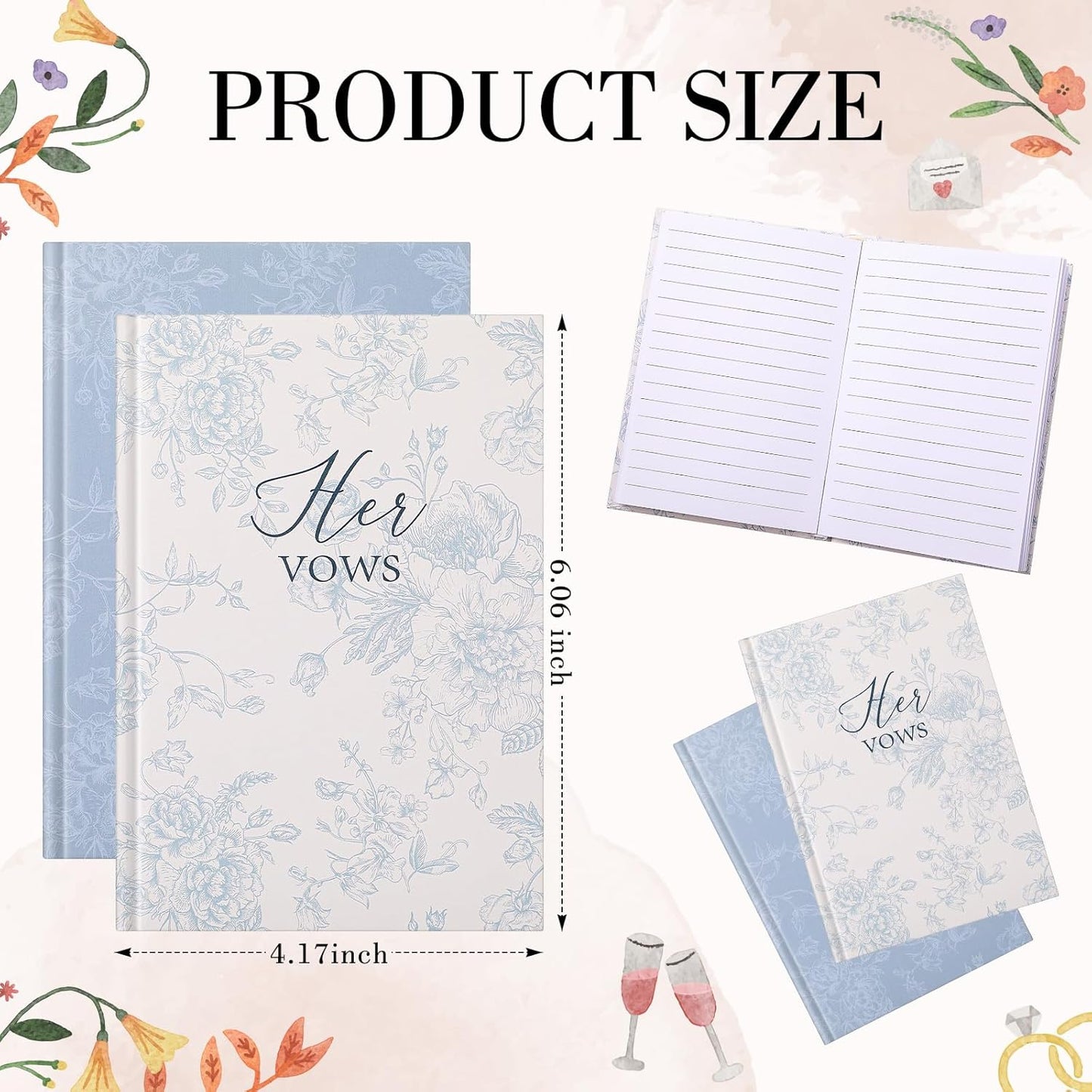 Set of 2 Vow Books His and Hers, Wedding Vow Books (6.06x4.17) Wedding Keepsake Essentials Elegant Bridal Shower Ceremony Gift Elopement Essentials(Blue,Floral)