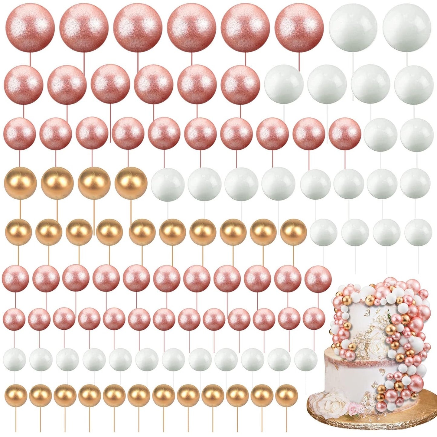 108 Pcs Balls Cake Topper DIY Cupcake Insert Foam Balloons for Cake Baking Wedding Anniversary Birthday Decoration(Rose Gold, White, Gold,Multi Sizes)