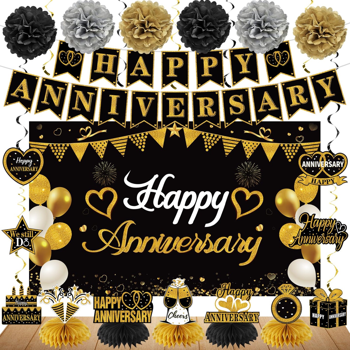 Turypaty Happy Wedding Anniversary Decorations Kit Supplies Black Gold