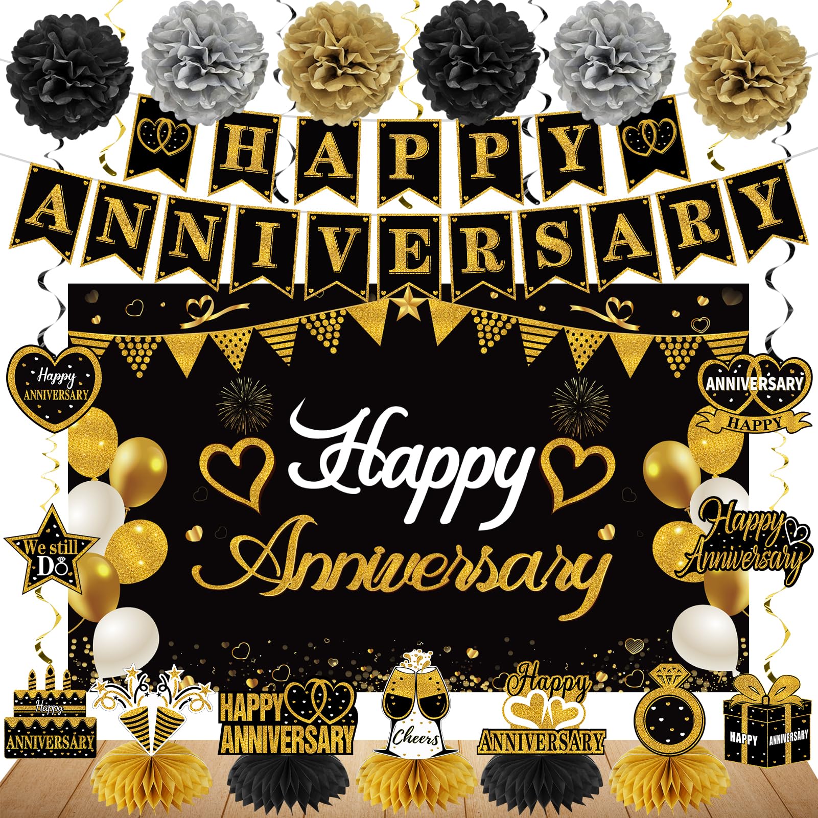 Turypaty Happy Wedding Anniversary Decorations Kit Supplies Black Gold
