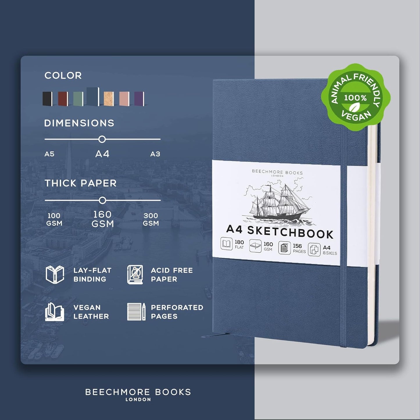 Beechmore Books A4 Sketchbook ??8.5x11 Premium Vegan Leather Bound Large Sketch Book Hardcover with 156 Thick 160gsm Perforated Ivory Pages, Blank Sketch Pad, Gift Boxed, Back Pocket, Ribbon Bookmark