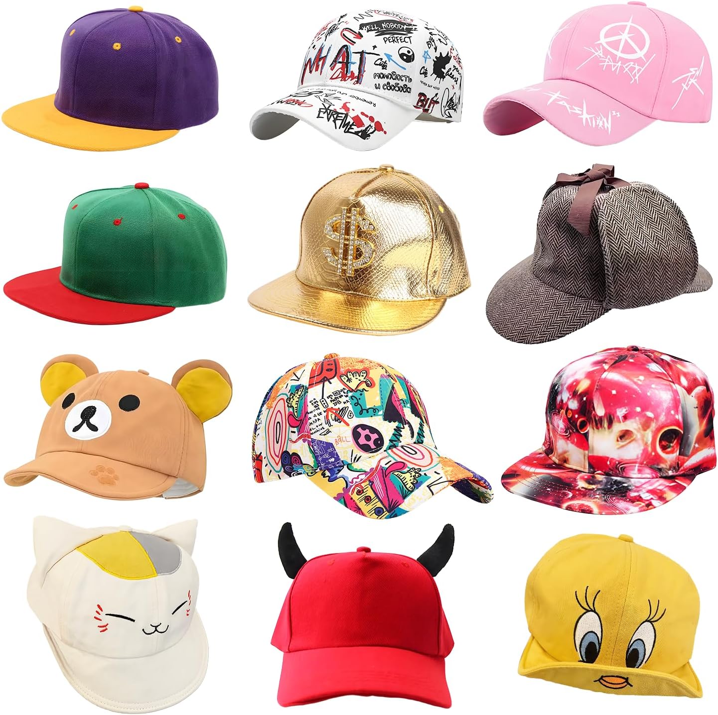 12 Assorted Pattern Funny Party Baseball Caps - Novelty Crazy Party Hats - Perfect Dress Up Costume Hats Photo Booth Props Hat for Adults Teen