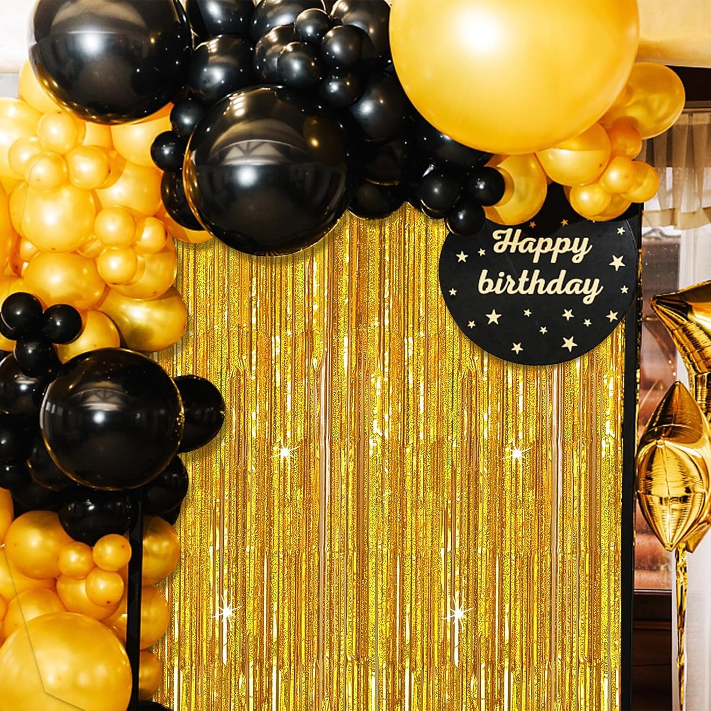 3 Pack Gold Backdrop Birthday Decorations Foil Curtain Backdrop Gold Streamers Dance Party Decorations Photo Booth Props for Bachelorette Decorations Christmas Halloween New Years Eve Party Supplies