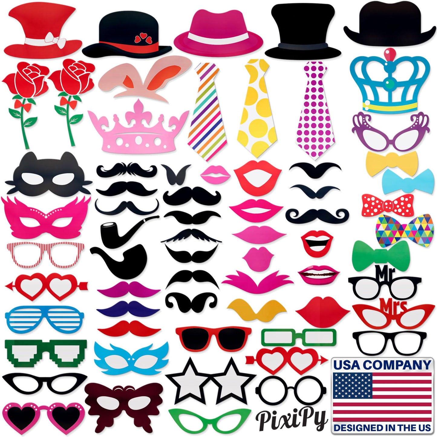 Photo Booth Props - 66 Piece Multicolor Kit - Fun Selfie Party Accessories - Mustaches, Hats, Lips