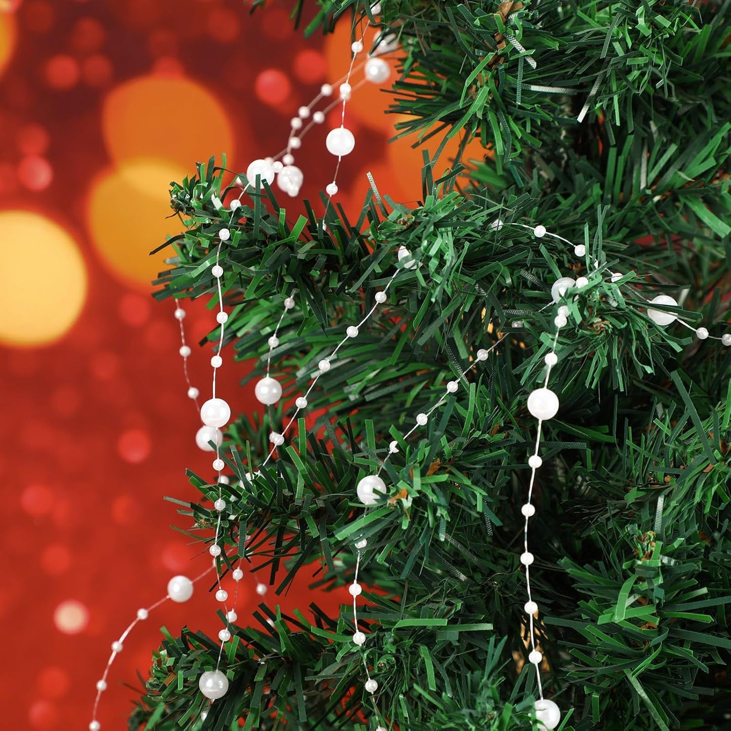 JULBEAR Beads Garland Decoration,1Rolls 131Feet White Christmas Pearl Strands Chain Bead Garland for Christmas Tree Fireplace Wreath Gift Bouquet Crafts Wrapping Wedding Party Centerpieces Decoration