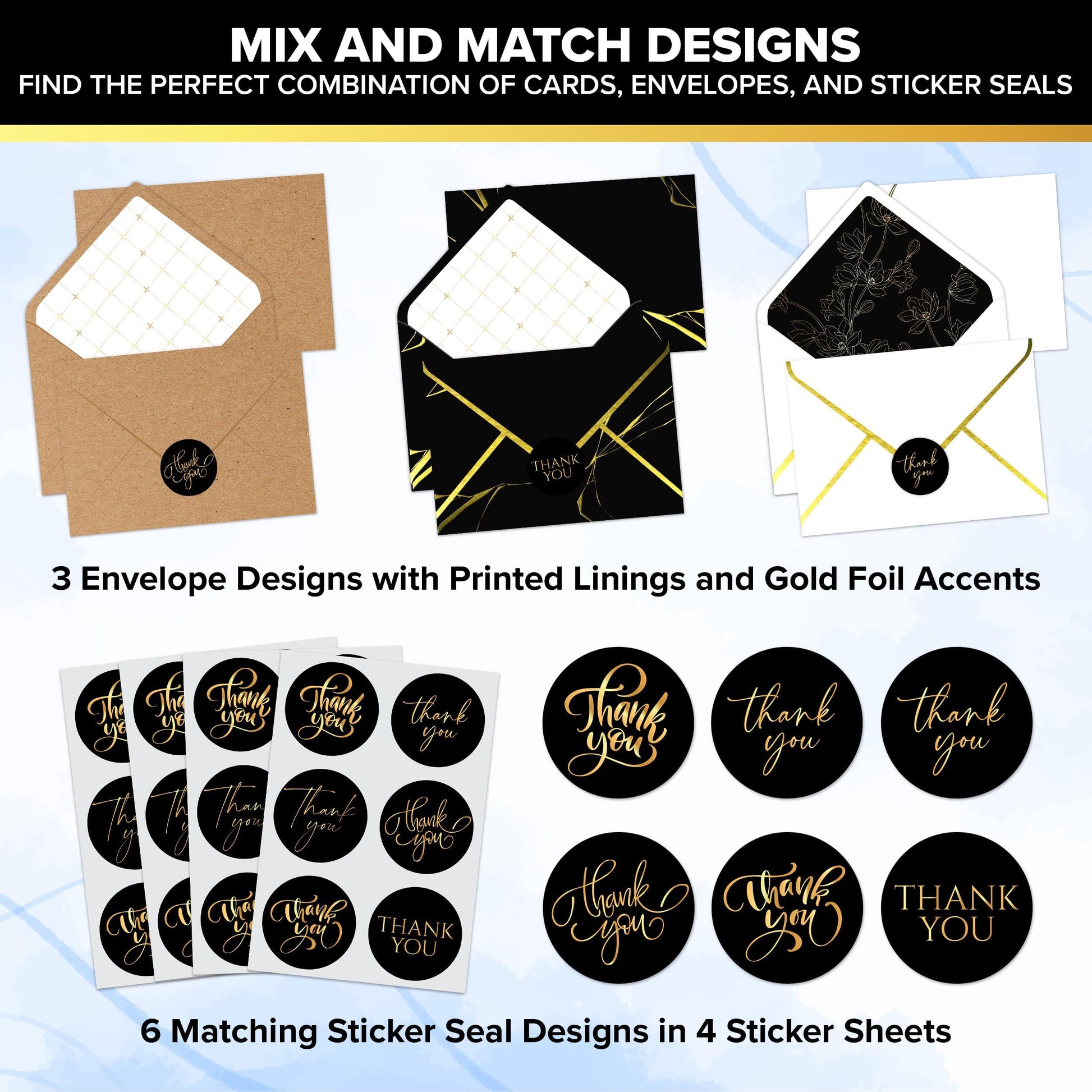 Decorably 24 Pack Gold Foil 6x4in Black Thank You Cards with Envelopes