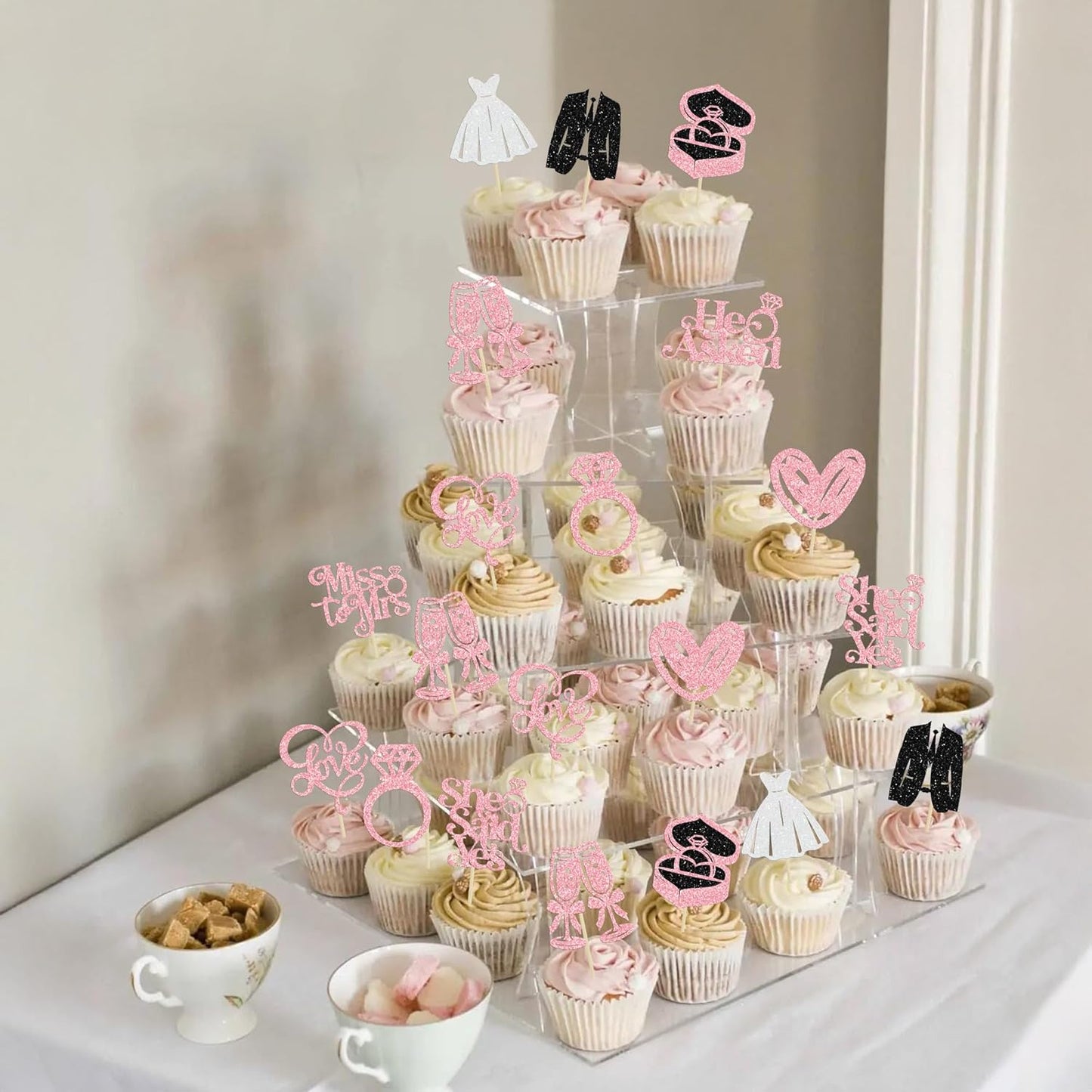 Gyufise 30Pcs She Said Yes Cupcake Toppers Glitter Diamond Ring I Do Love Cupcake Picks Miss to Mrs He Asked Bridal Shower Wedding Engagement Bachelorette Cake Decoration Pink
