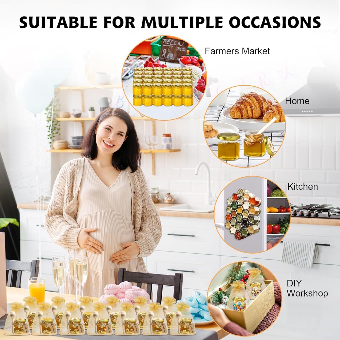 144Pcs 1.5 oz Mini Hexagon Glass Honey Jars with Dippers, Gold Lids, Bee Stickers, Bee Charms, Gift Bags & Jute–Empty Small Honey Jars for Party Favors Bulk, Ideal for Baby Showers ＆ Weddings