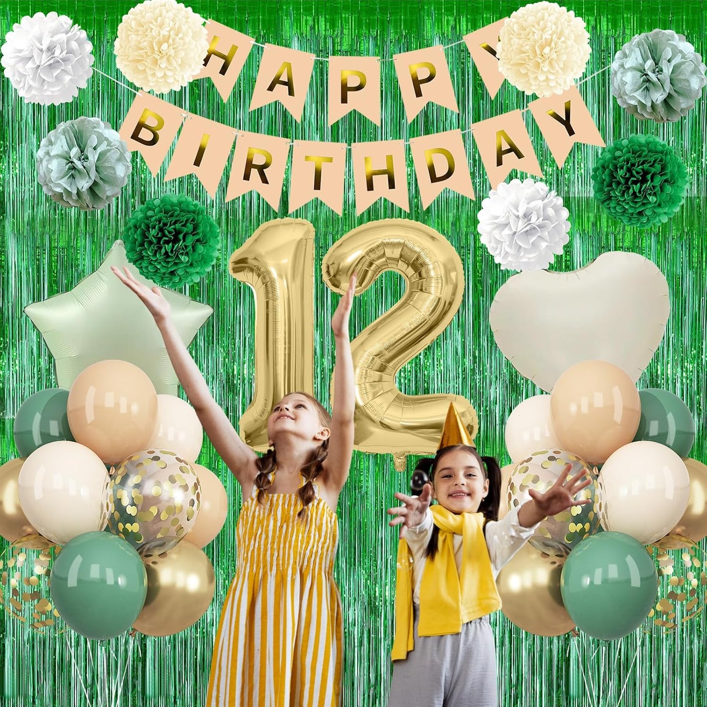Sage Green 12th Birthday Decorations for Boys Girls Gold Number 12 Balloon Nude Gold Happy Birthday Banner Fringe Curtain Paper Pom Poms Olive Green Cream White Sand Star Foil Balloons Party Decor