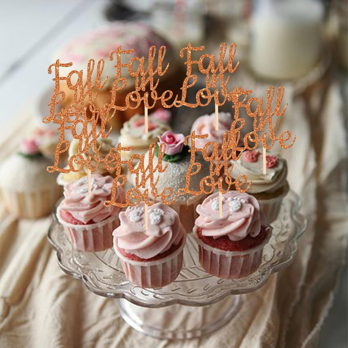 24 PCS Fall in Love Cupcake Toppers Glitter Fall Theme Bridal Shower Cupcake Picks for Autumn Wedding Engagement Anniversary Birthday Party Cake Decorations Supplies Orange