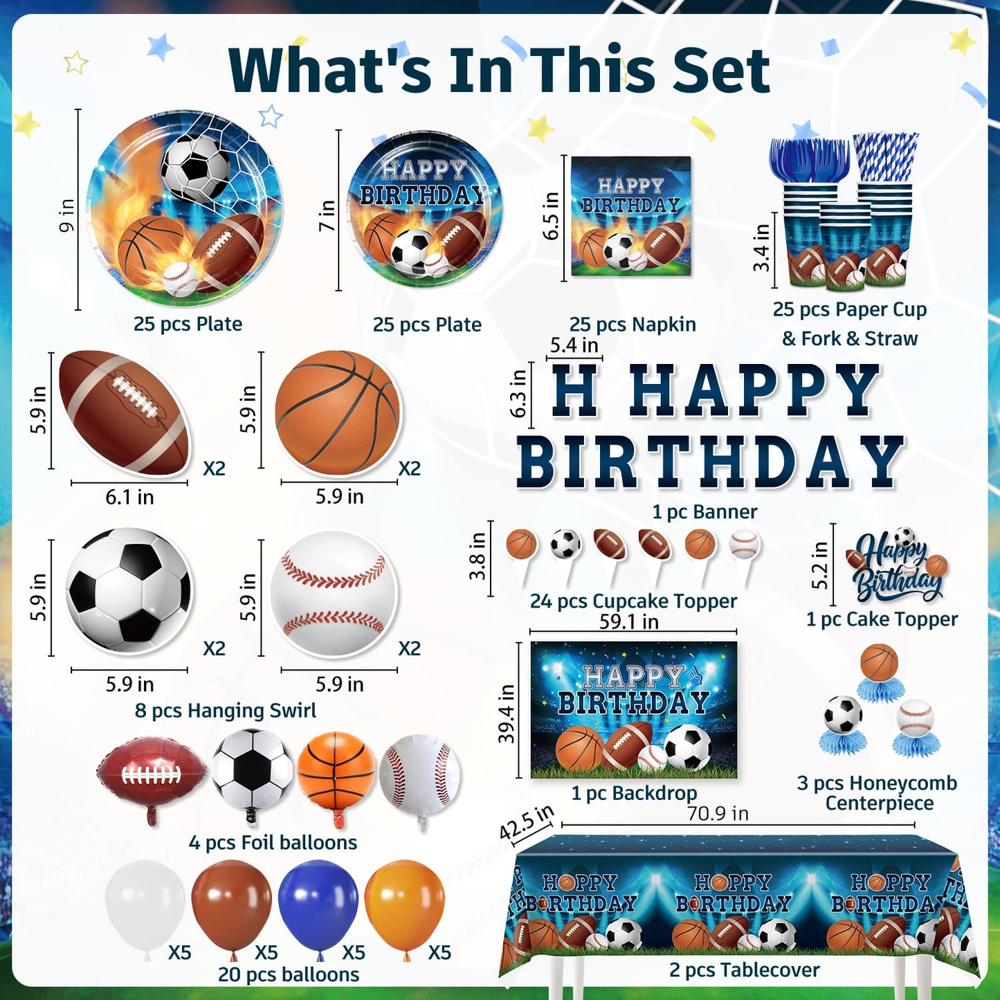 222Pcs Sports Birthday Party Decorations Tableware Set, 25 Serves