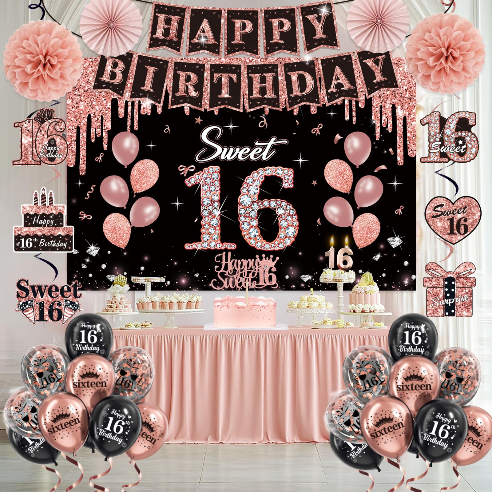 50Pcs Sweet 16 Birthday Party Decorations for Girls,Pre-Assembled Party Set