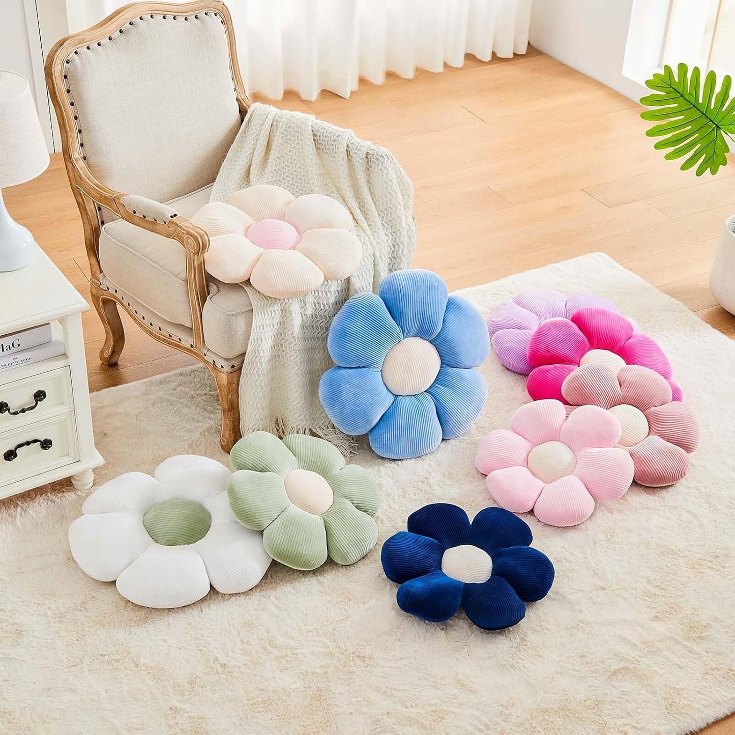 White Flower Pillow, 14.9" Cute Flower Shaped Floor Pillow, Aesthetic Floral Plush Daisy Decorative Throw Pillows for Bed Sofa Couch