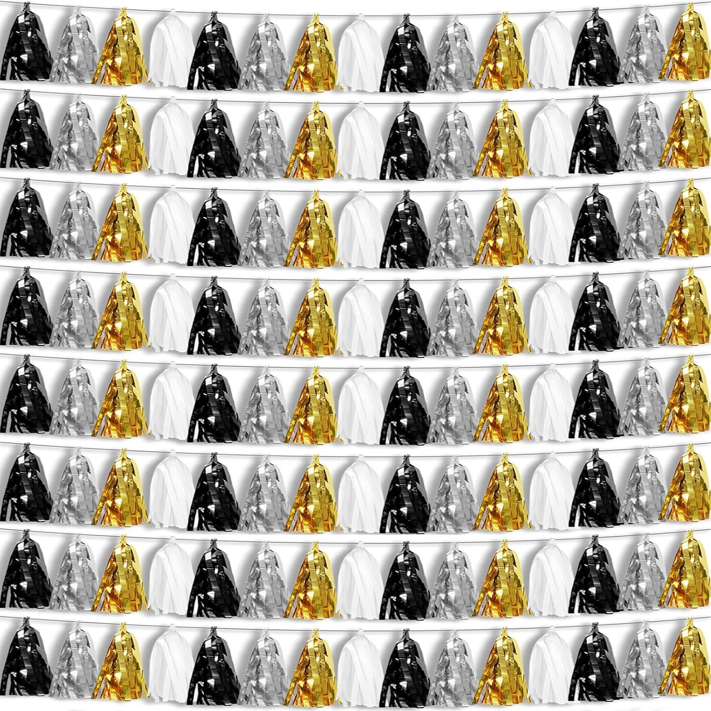 8P Black Gold Silver Foil Fringe Metallic Tassel Garland, Tassels Banner Streamers for Parade Floats, Bachelorette, Wedding, Birthday, Halloween, Christmas, Bridal/Baby Shower Party Decorations