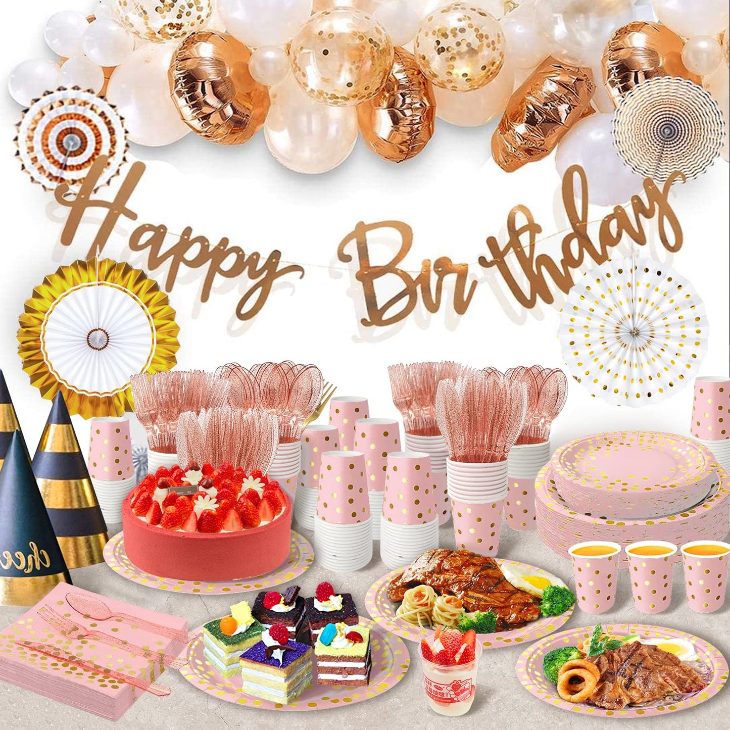 AIRE Pink Gold Paper Plates, 175PCS Disposable Dinnerware Set for 25 Guests
