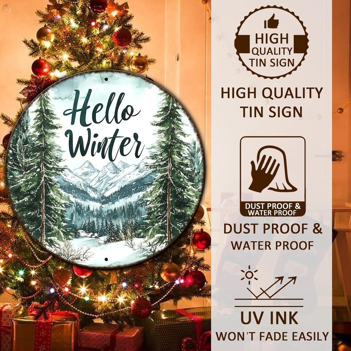 Round Christmas Metal Tin Sign Hello Winter Sign Christmas Pine Trees Welcome Door Sign Xmas Winter Holiday Farmhouse Rustic Wreath Sign for Indoor Outdoor Home Wall Window Decor 8 * 8 in
