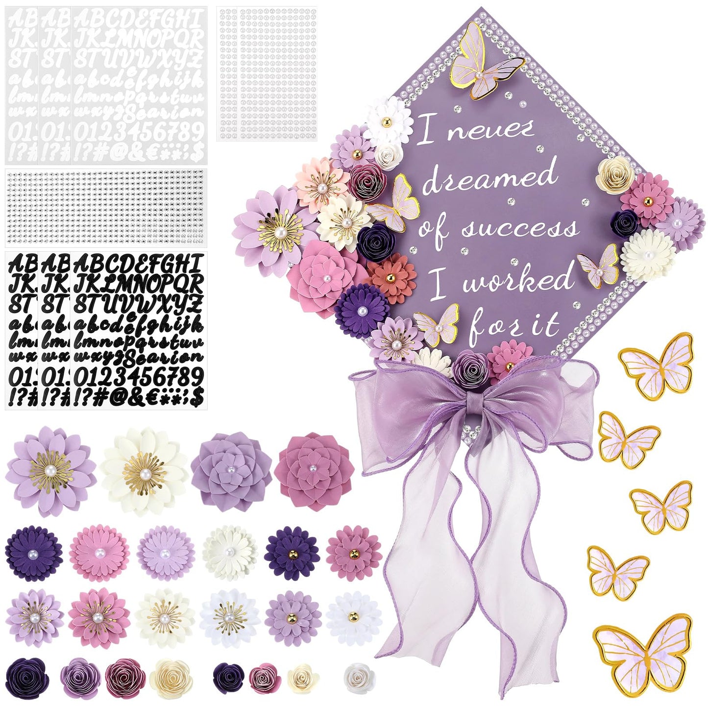 MotiMind 46 Pcs DIY Graduation Cap Decorations Kit Included Paper Flowers, 3D Butterfly Stickers