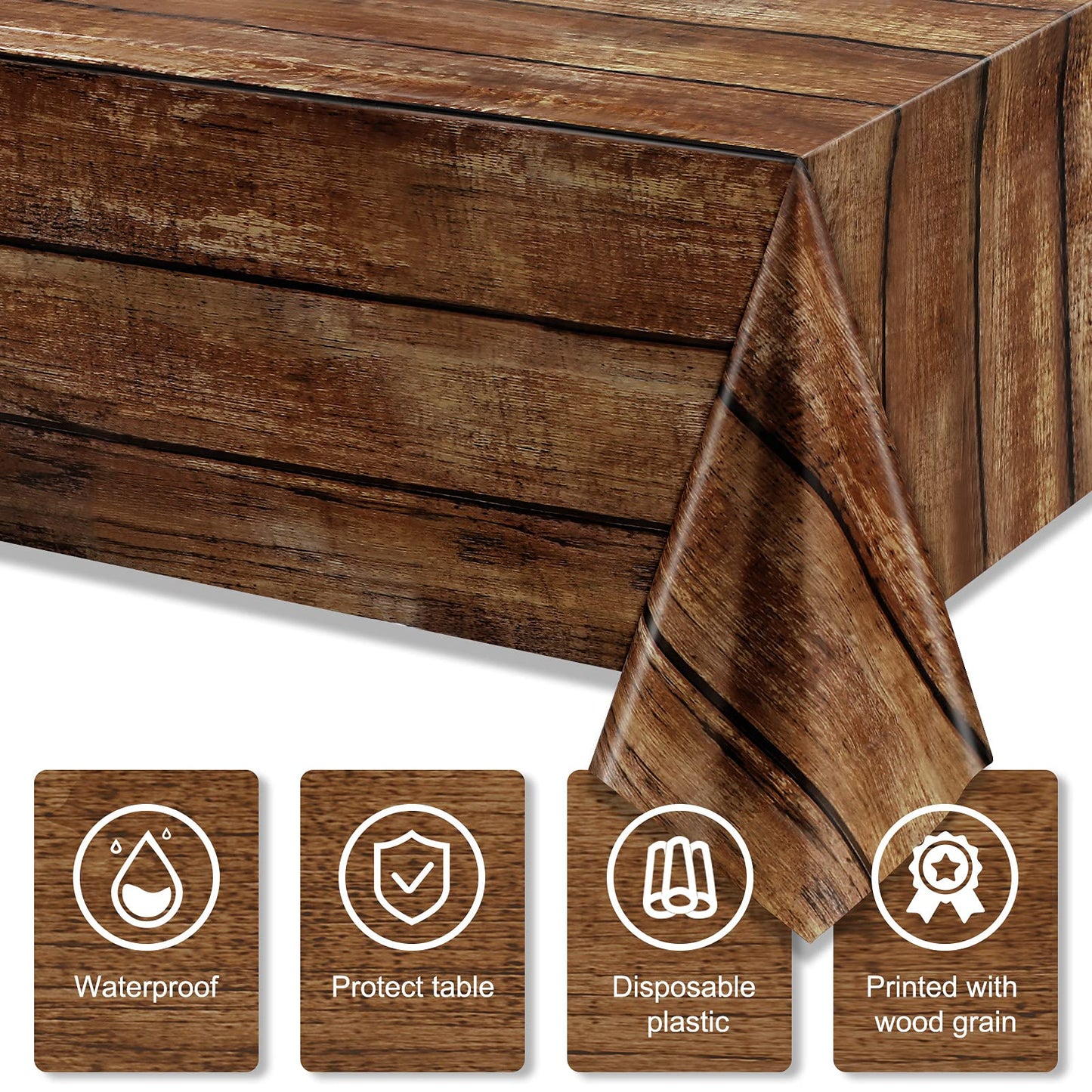 Irenare 3 Pcs Brown Wood Grain Western Tablecloth Plastic