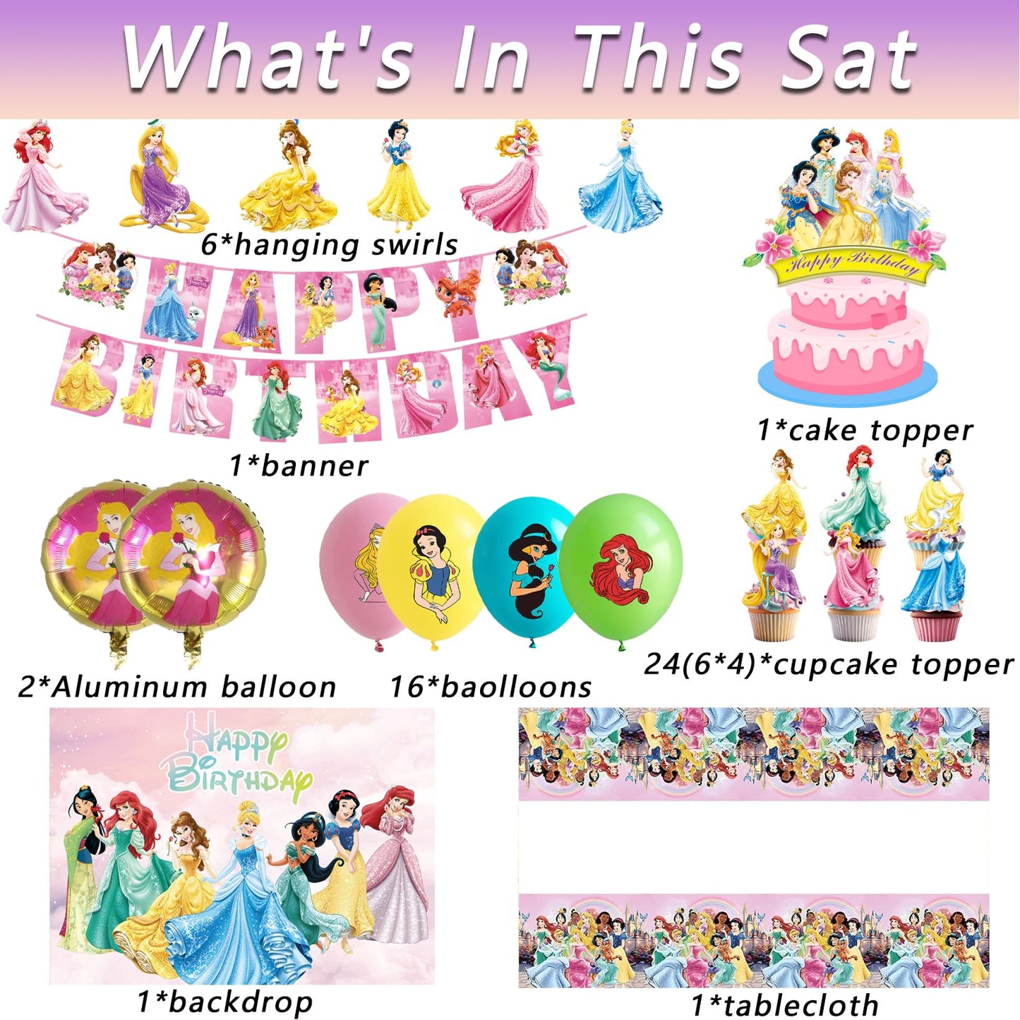 62PCS Disne Princess Party Supplies, Birthday Decorations Set Include Banner, Balloons, Backdrop