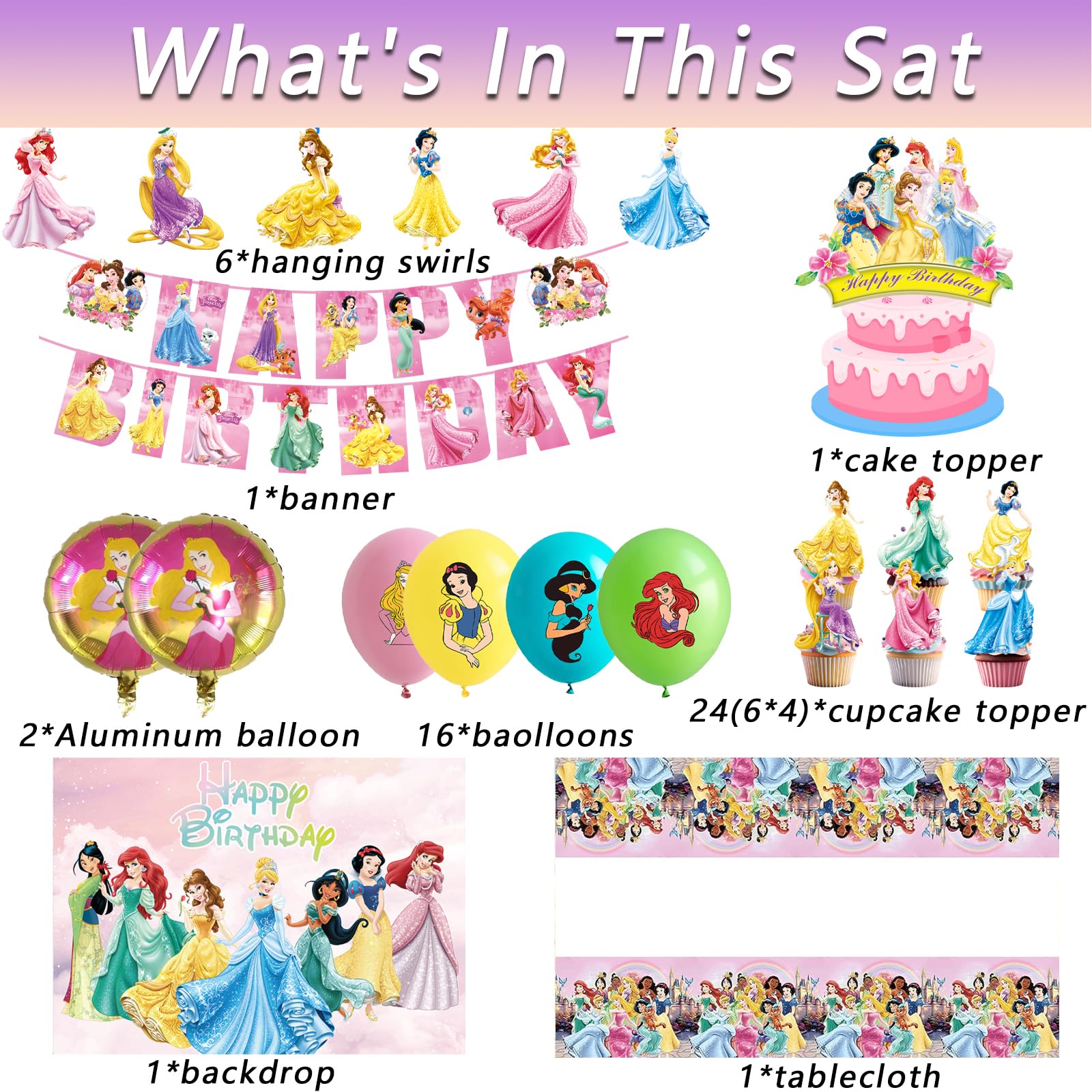 62PCS Disne Princess Party Supplies, Birthday Decorations Set Include Banner, Balloons, Backdrop
