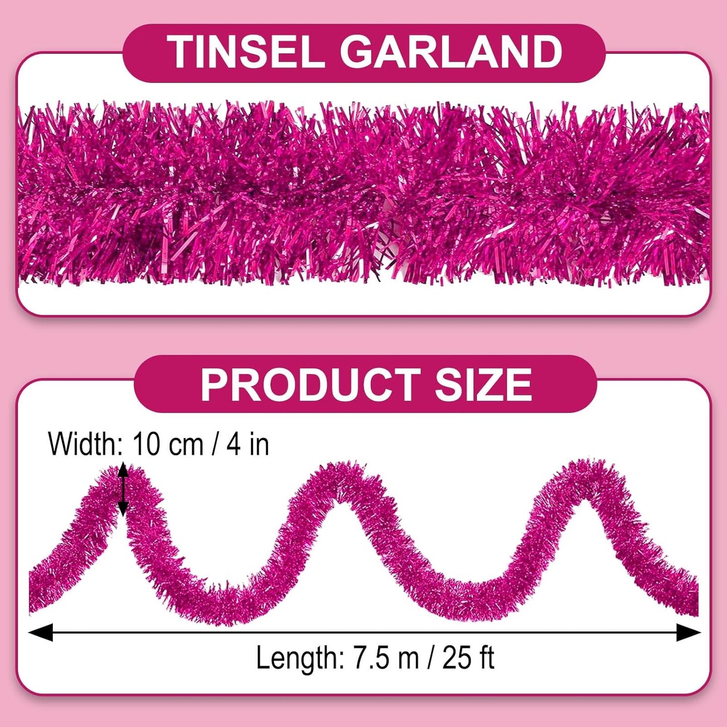 25 Feet Fuchsia Christmas Tinsel Garland, Metallic Foil Twist Garland Wall Hanging Tinsel Banner Backdrop for Parade Floats, Easter, Mother's Day, Birthday Party Decorations (4in x 25ft)