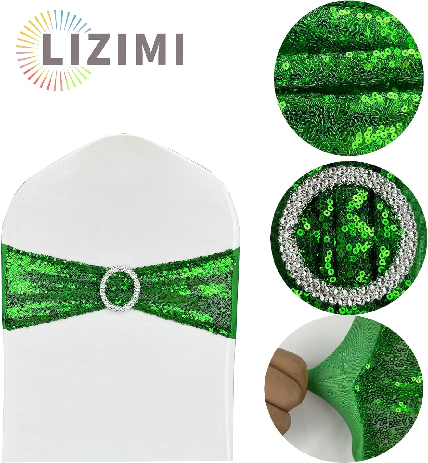 50 Pcs Chair Sashes Sequin Stretch Chair Bands Spandex Polyester Bows for Party Hotel Wedding Banquets Decoration - Green