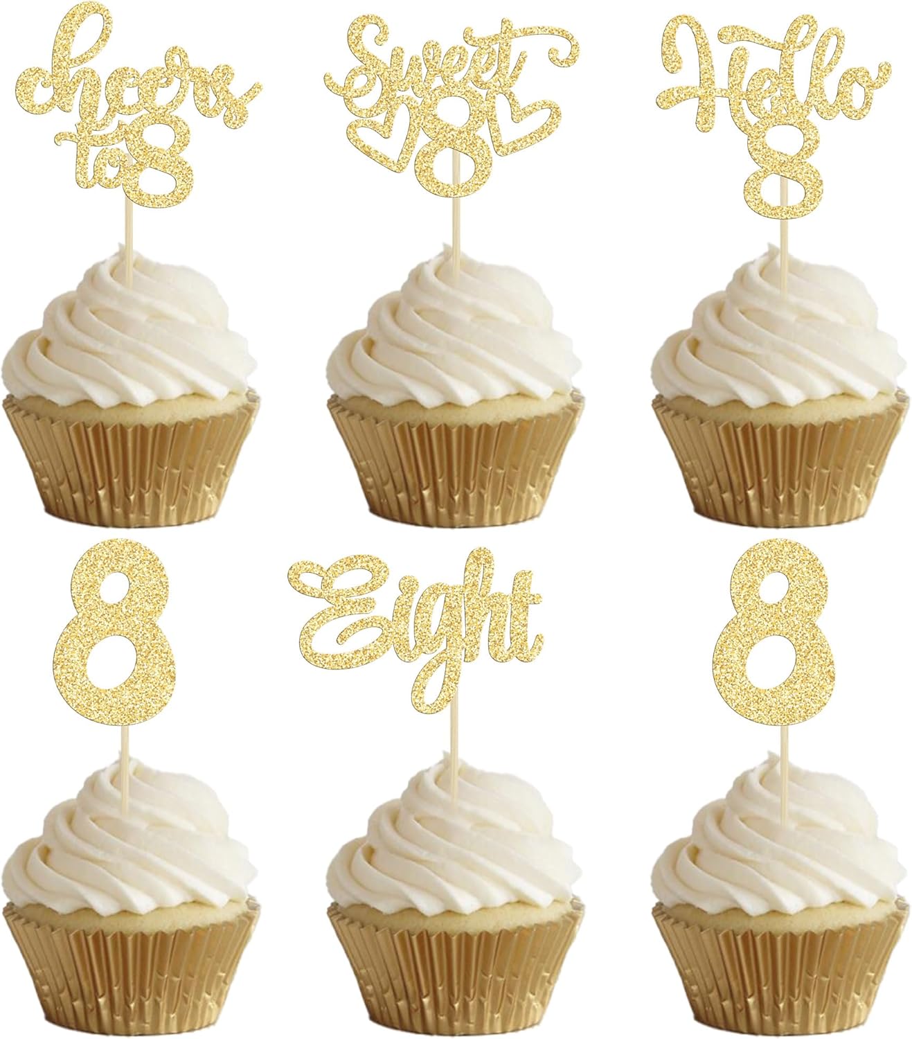 30Pcs 8th Birthday Cupcake Toppers Glitter Eight Hello 8 Cupcake Picks Cheers to 8 Years Old Cake Decorations for 8th Birthday Party Supplies Gold