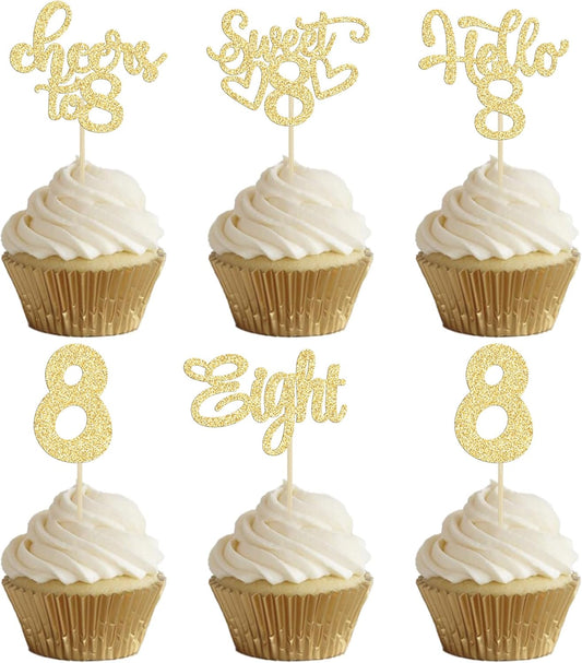 30Pcs 8th Birthday Cupcake Toppers Glitter Eight Hello 8 Cupcake Picks Cheers to 8 Years Old Cake Decorations for 8th Birthday Party Supplies Gold