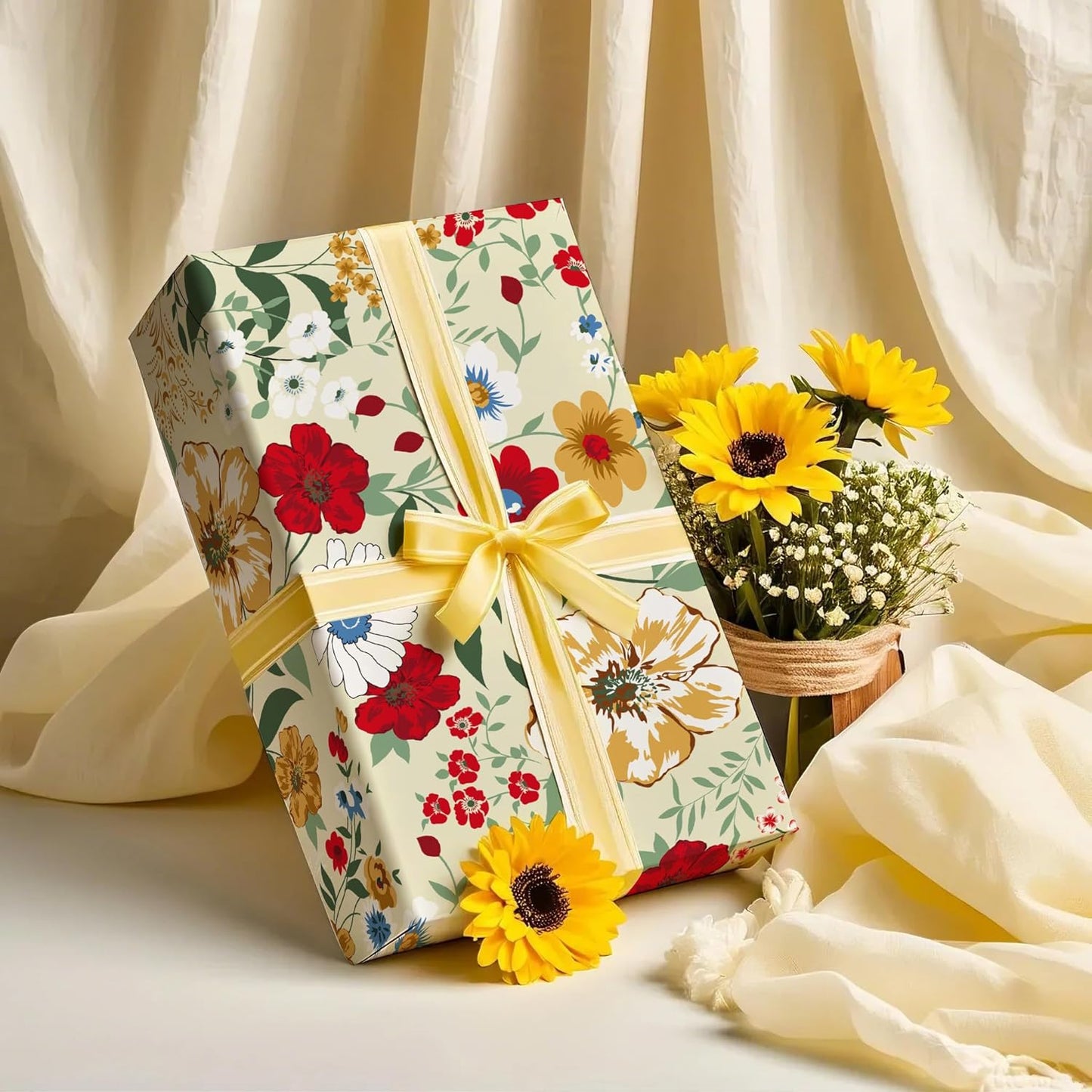 WRAPAHOLIC Floral Wrapping Paper Roll - Mini Roll - 17 Inch x 33 Feet - Wild Flower Wrapping Paper, Perfect for Girls Women Birthday, Wedding, Bridal Shower