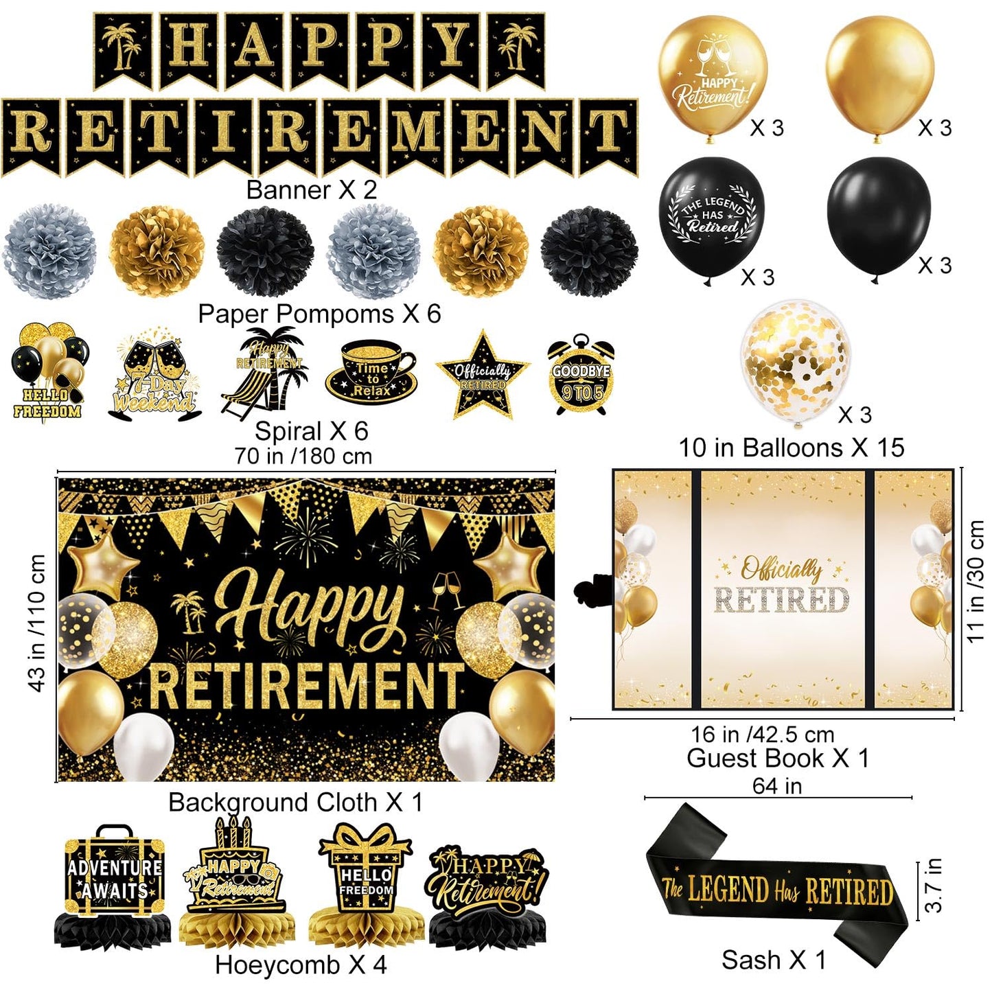 Retirement Party Decorations for Women Men Black and Gold Happy Retirement Banner & Backdrop