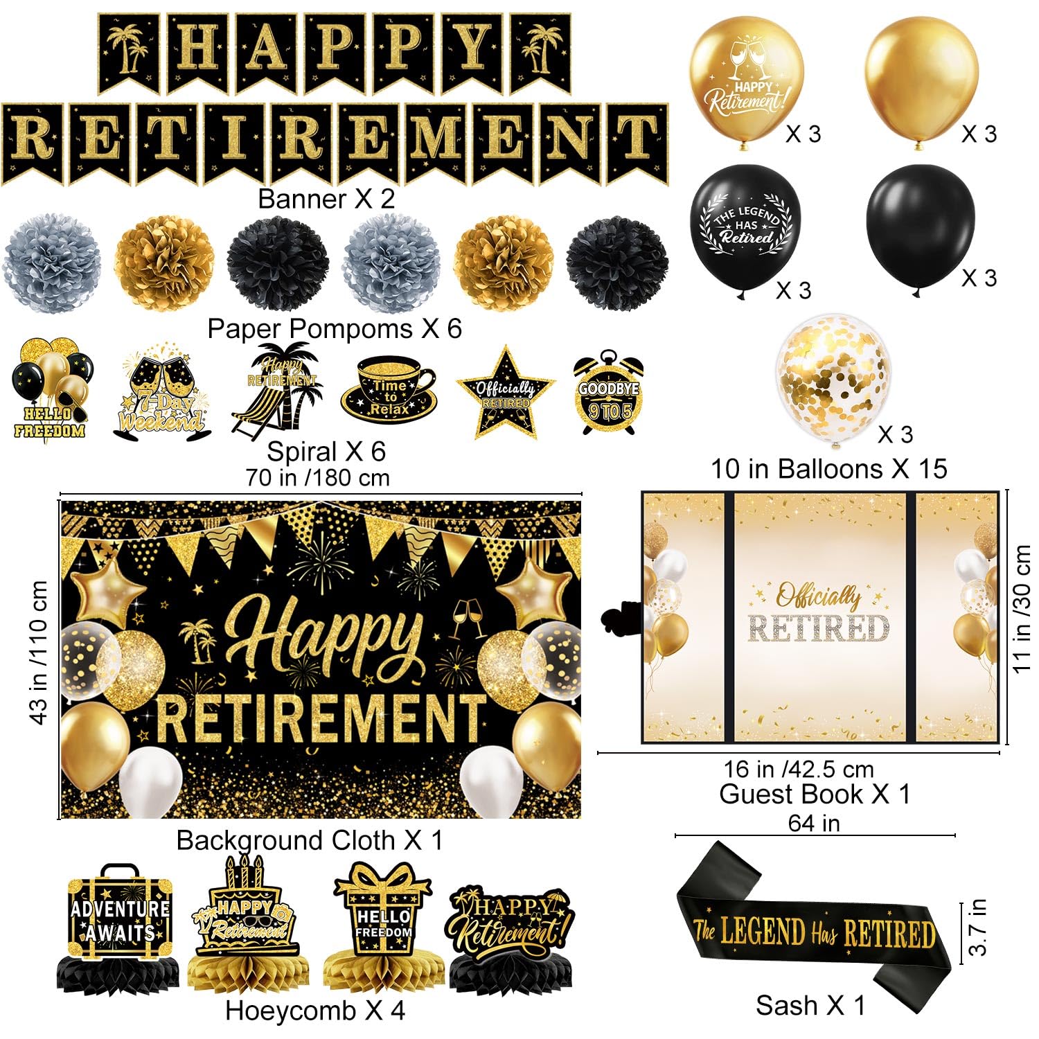 Retirement Party Decorations for Women Men Black and Gold Happy Retirement Banner & Backdrop