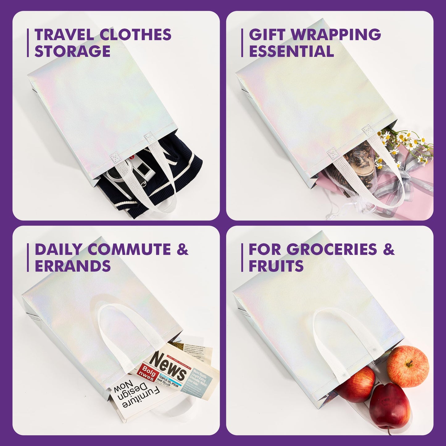 PACKINNO 15 Pcs Iridescent Gift Bags with Handles, 8x4x10 Inch Holographic Reusable Gift Bags