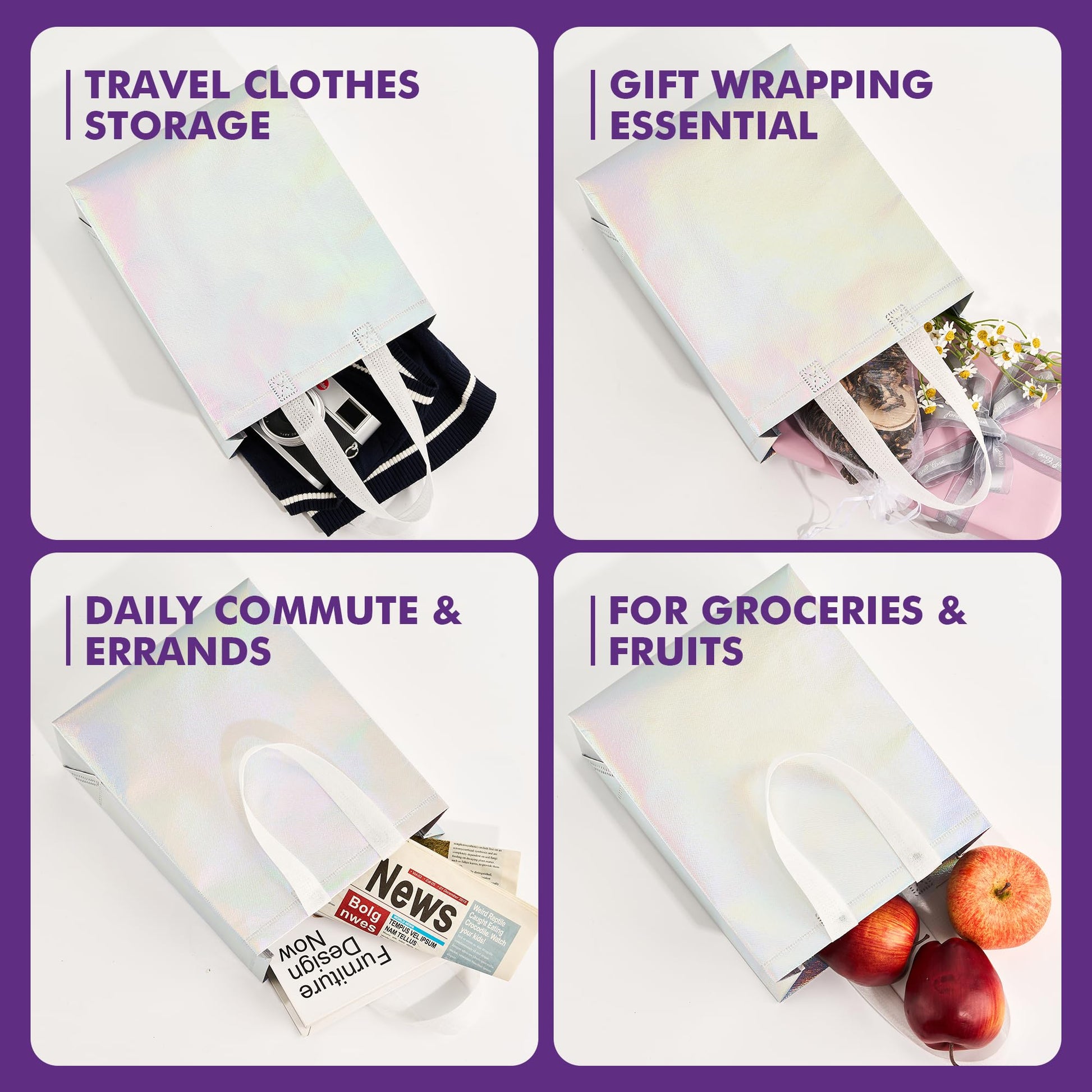 PACKINNO 15 Pcs Iridescent Gift Bags with Handles, 8x4x10 Inch Holographic Reusable Gift Bags