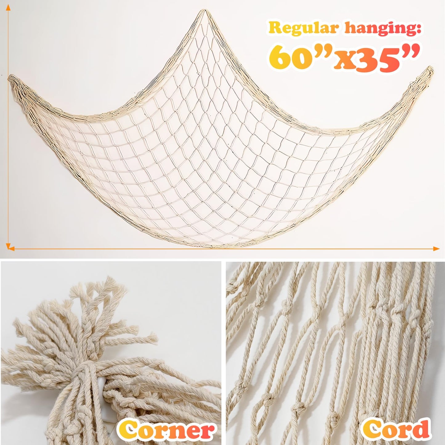 2 Pack Fish Net Decorations for Party, Natural Cotton Hawaiian Table Runner Party Fishing Net