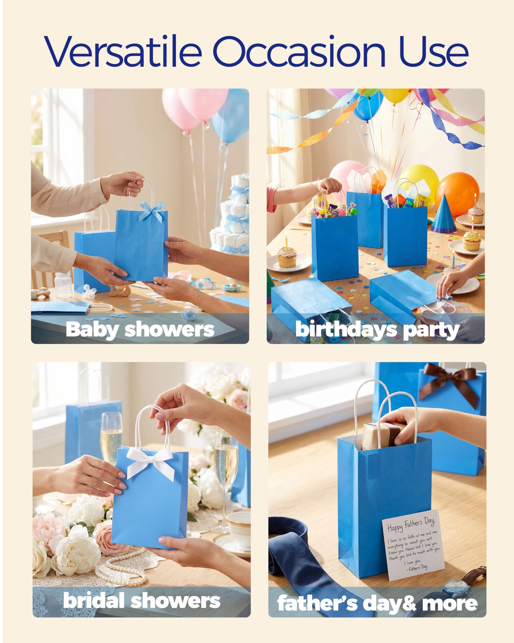 SUNCOLOR 24-Pack Blue Gift Bags with Handles, 8" Goodie Bags for Party Favors, Baby Showers