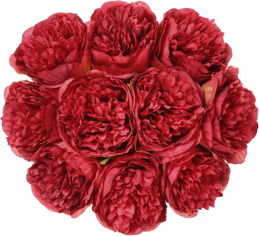 U'Artlines 10 Heads Artificial Peony Silk Flower Leaf Home Office Wedding Party Festival Bar Decor (Red)