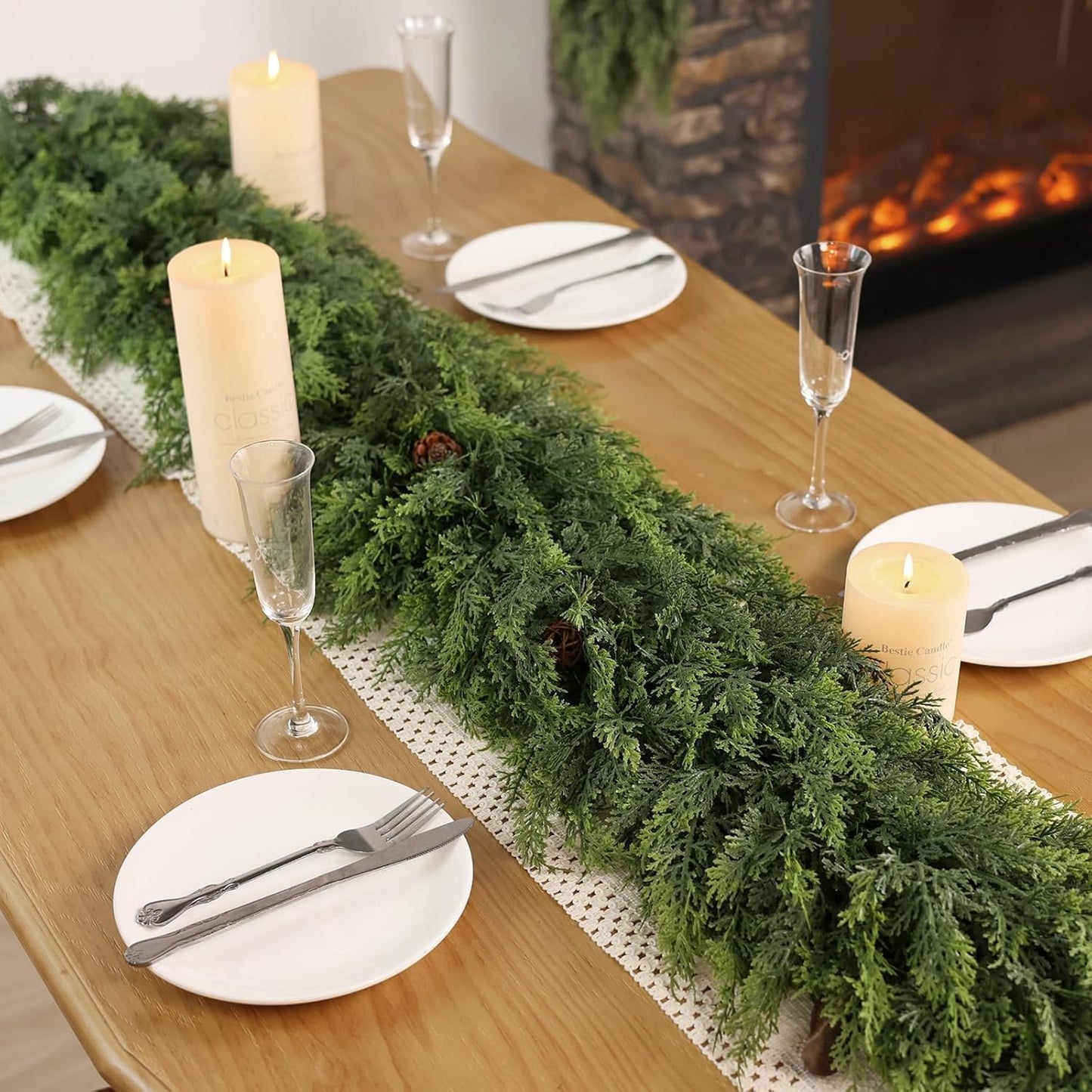 Christmas Cedar Garland - 9ft Artificial Cedar Garland Faux Lush Green Fake Pine Needles for Fireplace,Table,Window,Stairs,Mante,Holiday Indoor Outdoor Xmas Decor(2PCS)