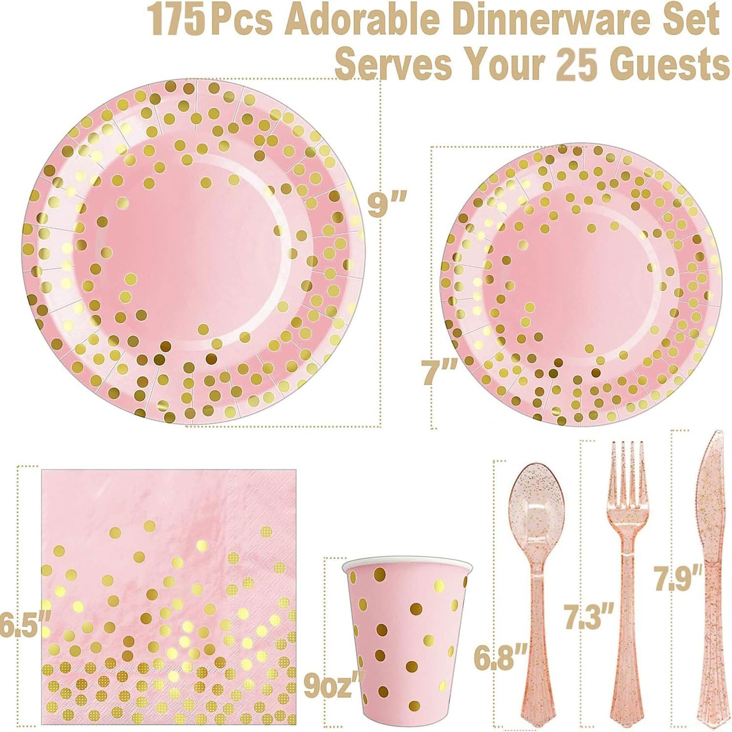 AIRE Pink Gold Paper Plates, 175PCS Disposable Dinnerware Set for 25 Guests