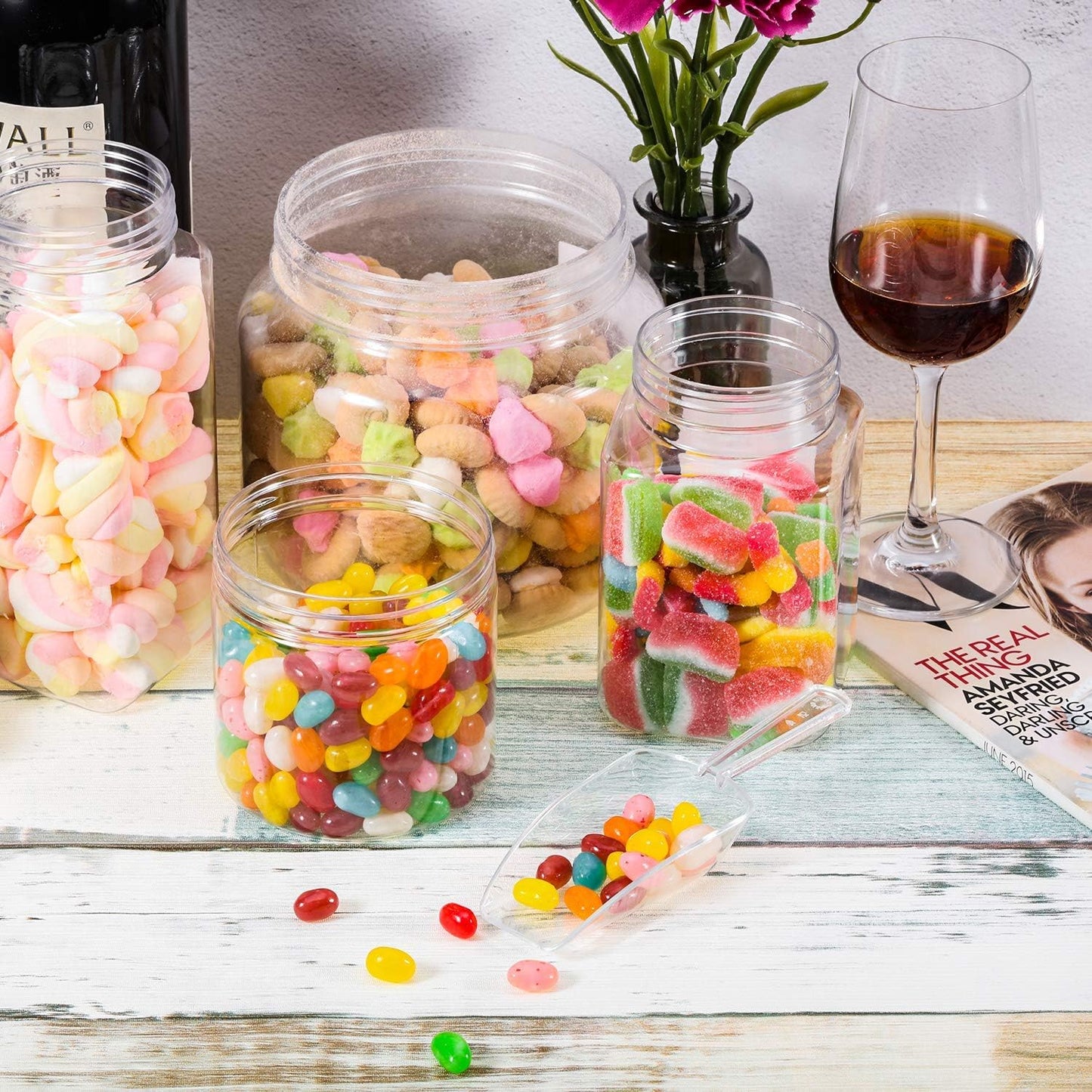 Hestya 8 Pcs Christmas Multi Purpose Clear Plastic Scoops for Candy Buffet Acrylic Kitchen Ice Food Popcorn Scoops for Protein Powders, Ice Cream, Coffee, Tea Jar (6.7 Inch)