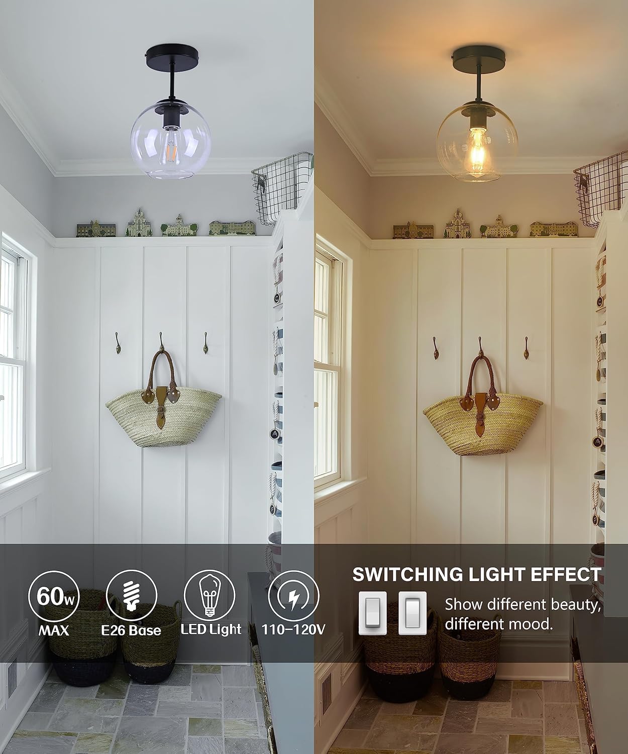 Black Semi Flush Mount Ceiling Light Fixture with Clear Glass Light Fixture Mid Century Light Fixtures Black Semi Flush Ceiling Light Fixtures for Dining Room Kitchen (Bulb Included)