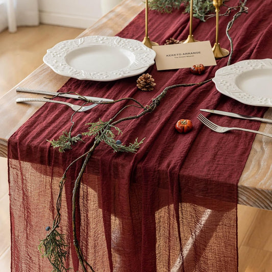 Burgundy Table Runner Red Cheesecloth Gauze 120 Inch 10 FT Rustic Boho Cheese Cloth Runner for Wedding Baby Shower Bridal Shower Birthday Party Long Sheer Home Decorations