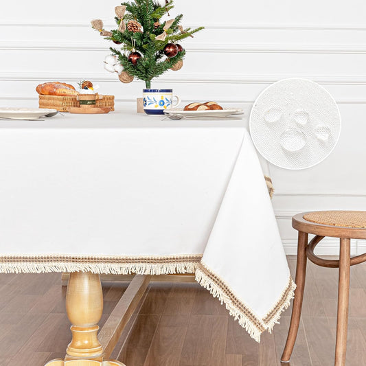 MYSKY HOME Table Cloth, Waterproof Tablecloths for Rectangle Tables, Cotton Rustic Tablecloths, White Table Coths Heavy Duty with Linen Tassels for Kitchen Dining, Party, Holiday, Christmas, 55''x86''
