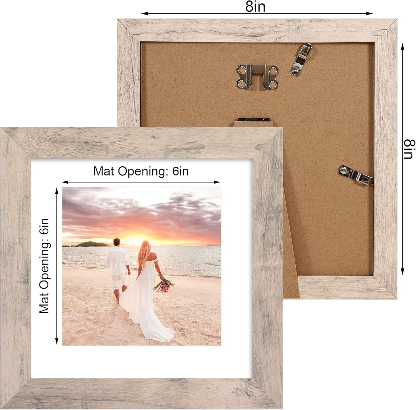 8x8 Picture Frames Set of 4 with High Definition Real Glass, Smoke Gray Frame Display 6x6 Pictures with Mat or 8 x 8 Without Mat, Wood Square Photo Frame for Wall Mount and Tabletop Display