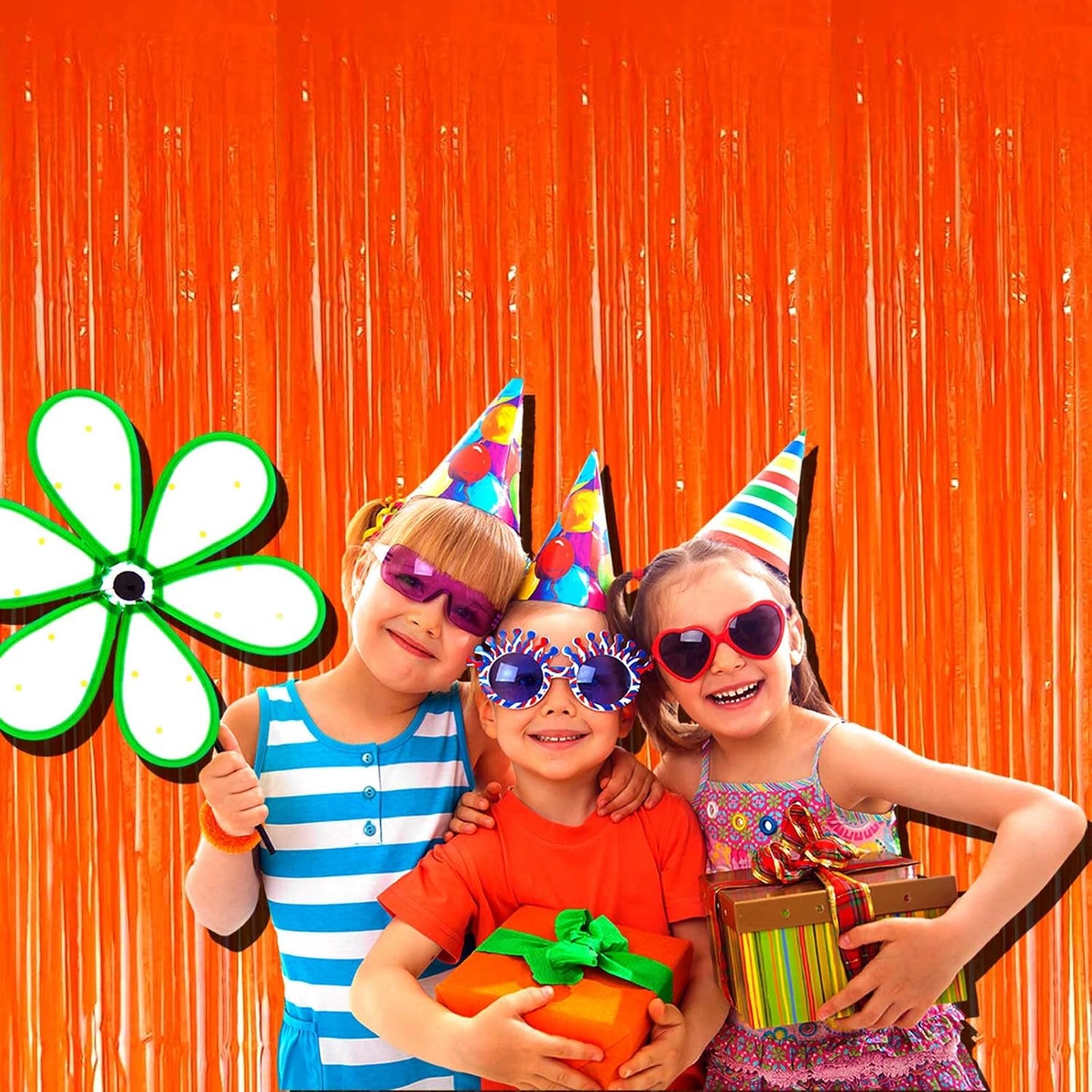 4 Pack Macaron Orange Foil Fringe Curtain Backdrop, 3.28Ft x 8.2Ft Metallic Tinsel Streamer Curtains, Birthday, Wedding, New Year’s, Christmas Decorations Party Supplies, One Size