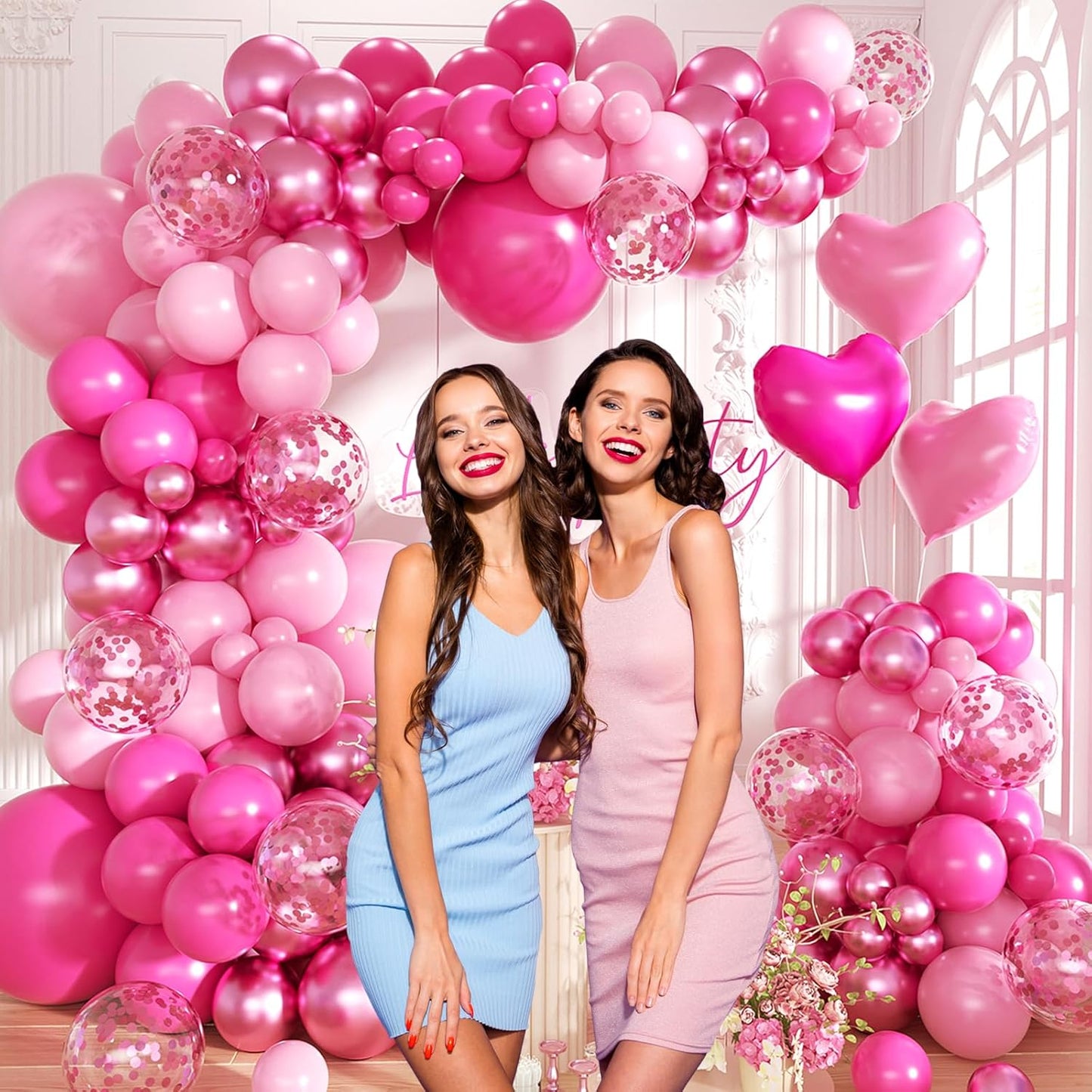 Hot Pink Balloon Garland Arch Kit,150Pcs Baby Pink and Metallic Magenta Balloon Pink Confetti Balloons with Heart Foil Balloons for Girls' Birthday Princess Wedding Baby Shower Party Decorations