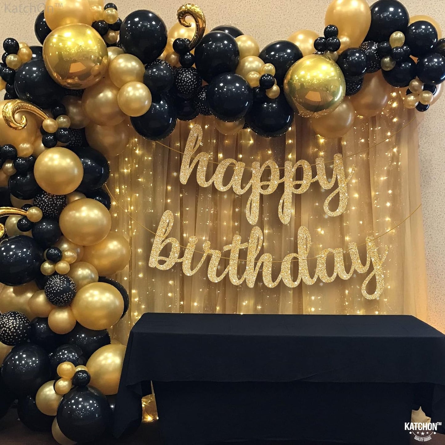 KatchOn, Glitter Cursive Gold Happy Birthday Banner - Pre-Strung, 10 Feet | Birthday Decorations for Women, Men, Boys and Girls | Hbd Banner Backdrop For Birthday Party Decorations | Gold Happy Birthday Sign